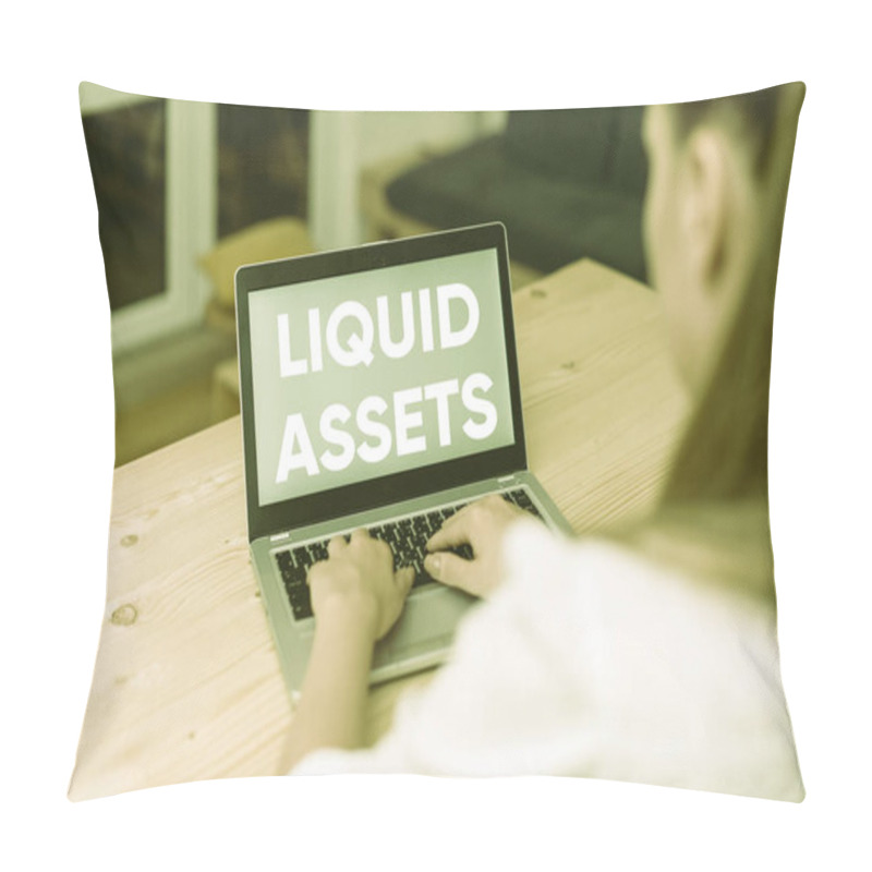 Personality  Conceptual Hand Writing Showing Liquid Assets. Business Photo Text Cash And Bank Balances Market Liquidity Deferred Stock Woman With Laptop Smartphone And Office Supplies Technology. Pillow Covers