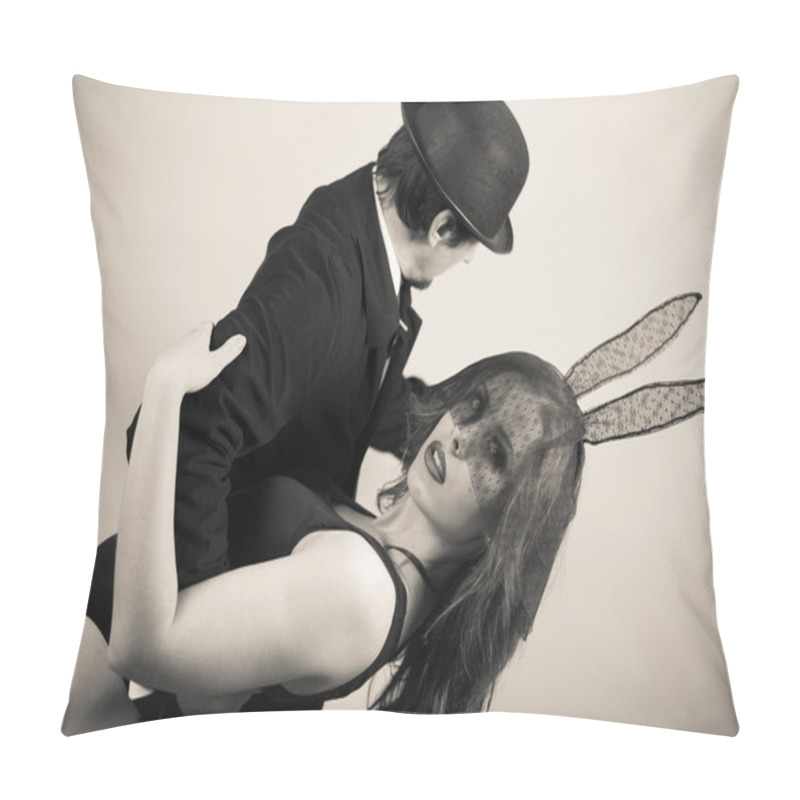 Personality  Black And White Image Of Sexy Beautiful Young Lady Wearing Bunny Ears Dancing With Man In Hat On Light Copy Space Background Pillow Covers