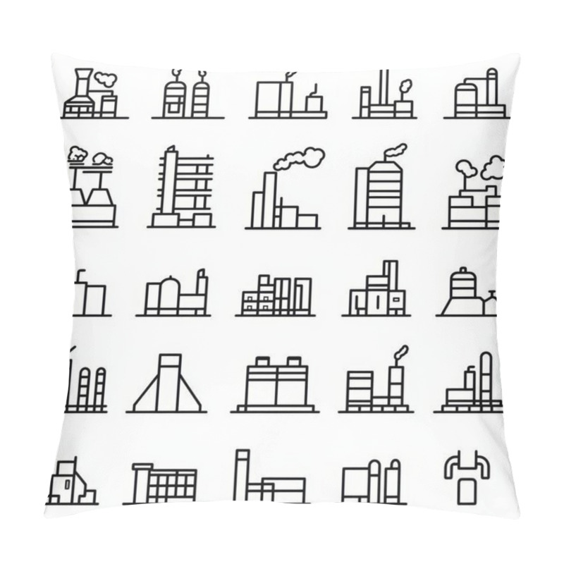 Personality  A Collection Of Industrial Building Icons Showcasing Various Factory Designs In A Minimalist Black And White Style. Pillow Covers