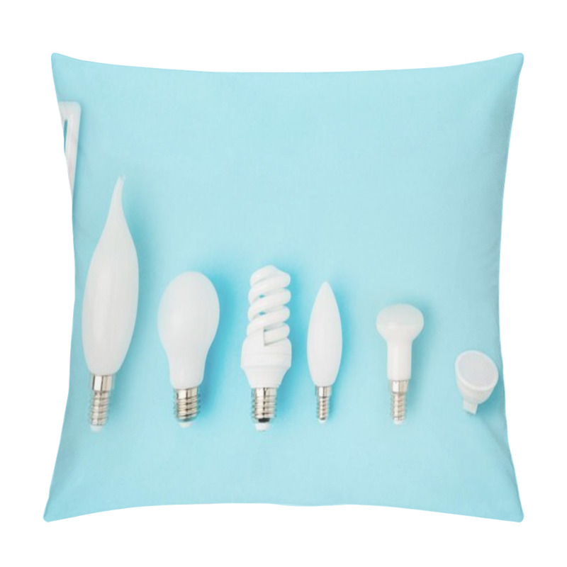 Personality  Flat Lay With Arranged Various Light Bulbs Isolated On Blue Pillow Covers