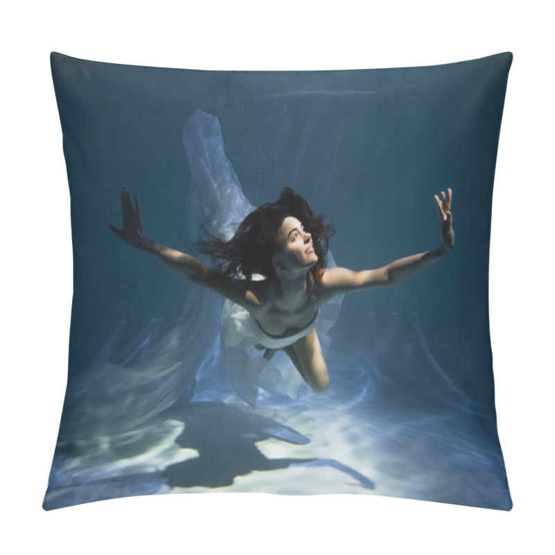 Personality  Lighting On Pleased Young Woman In White Elegant Dress Swimming In Pool  Pillow Covers