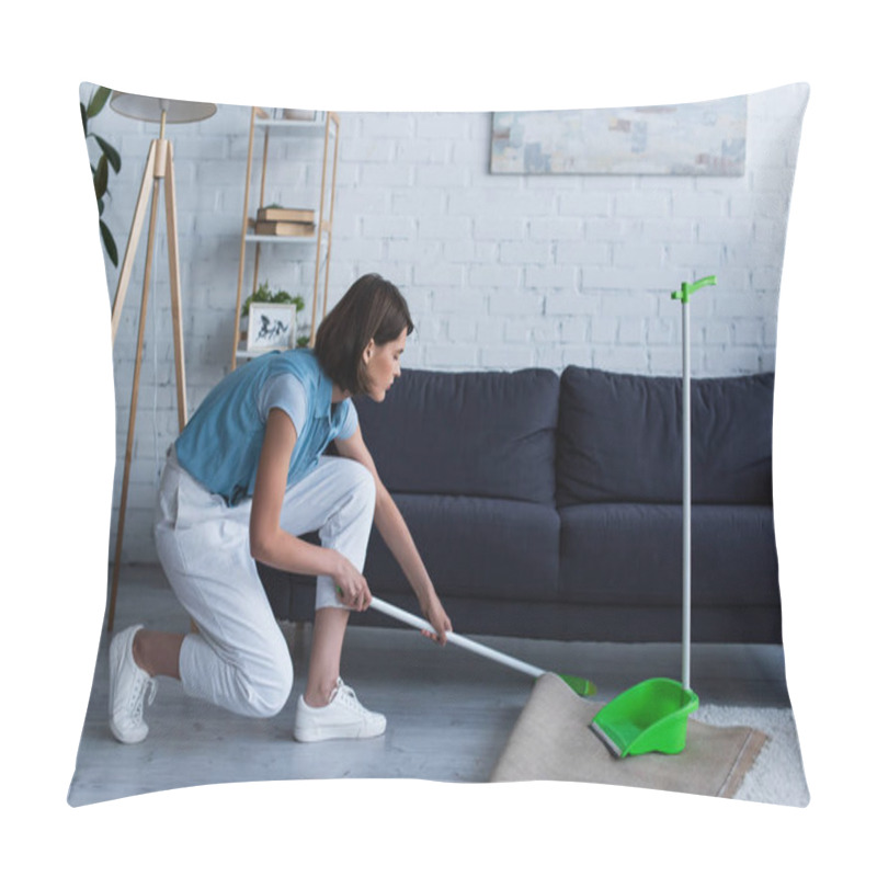 Personality  Side View Of Housewife Sweeping Floor Under Couch In Living Room Pillow Covers