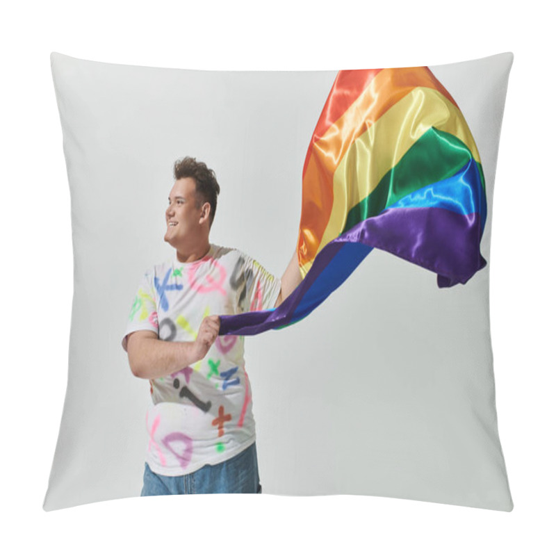 Personality  A Queer Person Holds A Rainbow Flag And Smiles, Expressing Their Joy And Pride. Pillow Covers