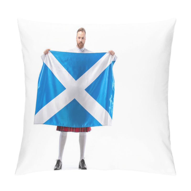 Personality  Scottish Redhead Man In Red Kilt With Flag Of Scotland On White Background Pillow Covers