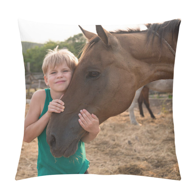 Personality  The Child Hugs The Horse With Tenderness. Love And Friendship With Your Pet. A Girl Or Boy Hugged The Bay Horse Tightly By The Head. Warm Summer Picture Pillow Covers