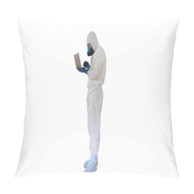 Personality  Medical Doctor In White Protective Uniform Using Laptop On White Background. Pillow Covers