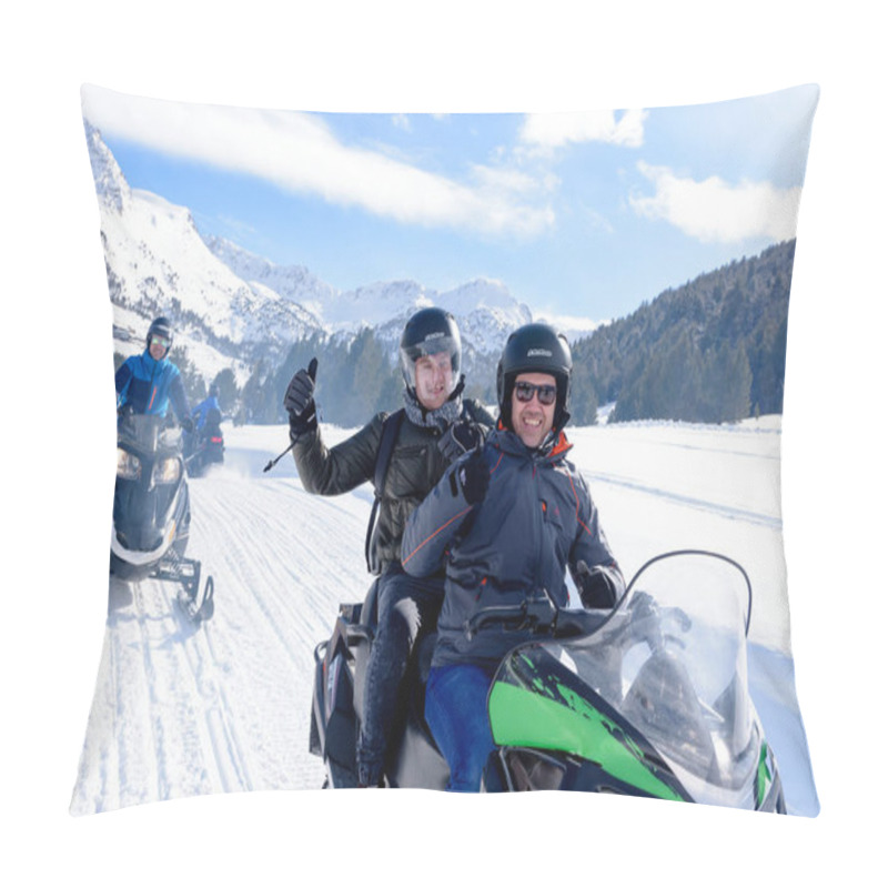 Personality  Grandvalira, Grau Roig, Andorra : March 3 2018 : Young People Driving Snowmobiles At The Grandvalira Station, Grau Roig Andorra. Pillow Covers