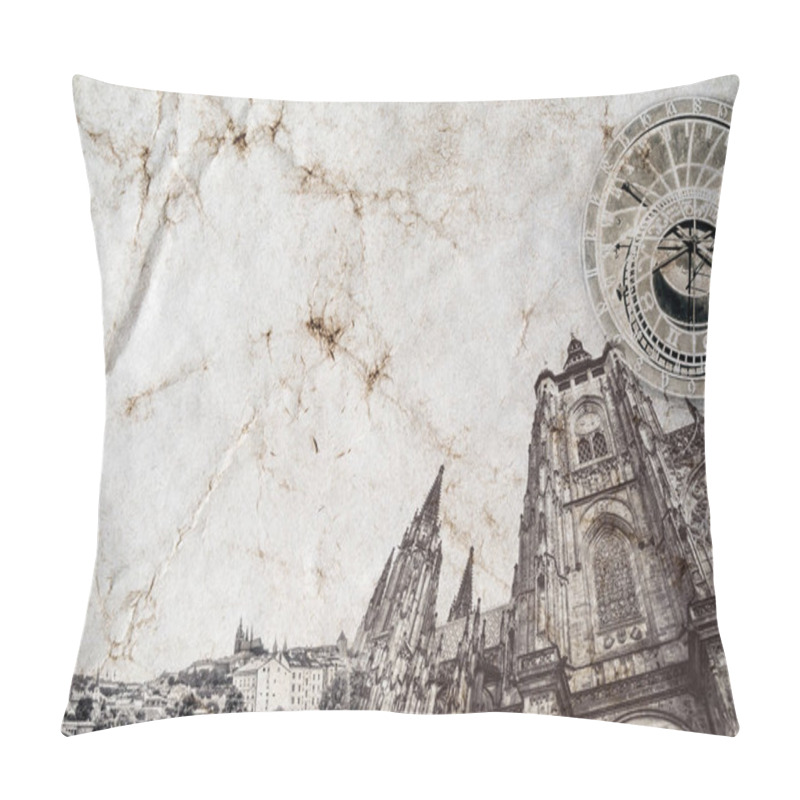 Personality  A Composition Of The Main Landmark Of Prague In The Czech Republic - St. Vitus Cathedral, Tyn Church, Prague Astronomical Clock, Powder Tower - Against The Background Of The Panorama Of Prague. Pillow Covers