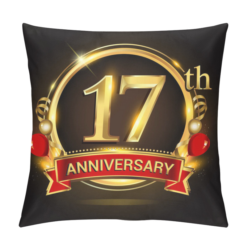 Personality   17th Anniversary Logo With Golden Ring,balloons And Red Ribbon. Vector Design Template Elements For Your Birthday Celebration. Pillow Covers