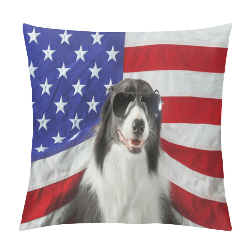 Personality  Beautiful Border Collie In Front Of A USA Flag With Sunglasses Pillow Covers