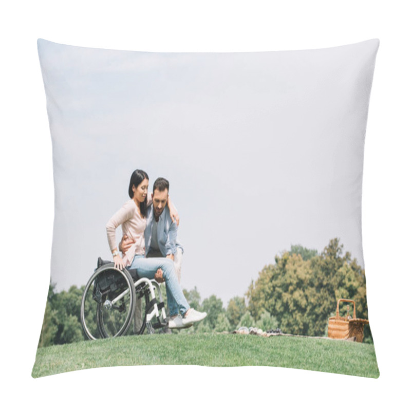 Personality  Handsome Young Man Taking Young Disabled Girlfriend Out Of Wheelchair Pillow Covers