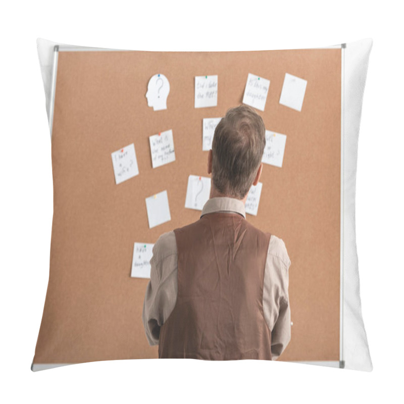 Personality  Back View Of Sick Senior Man Standing Near Board With Papers  Pillow Covers