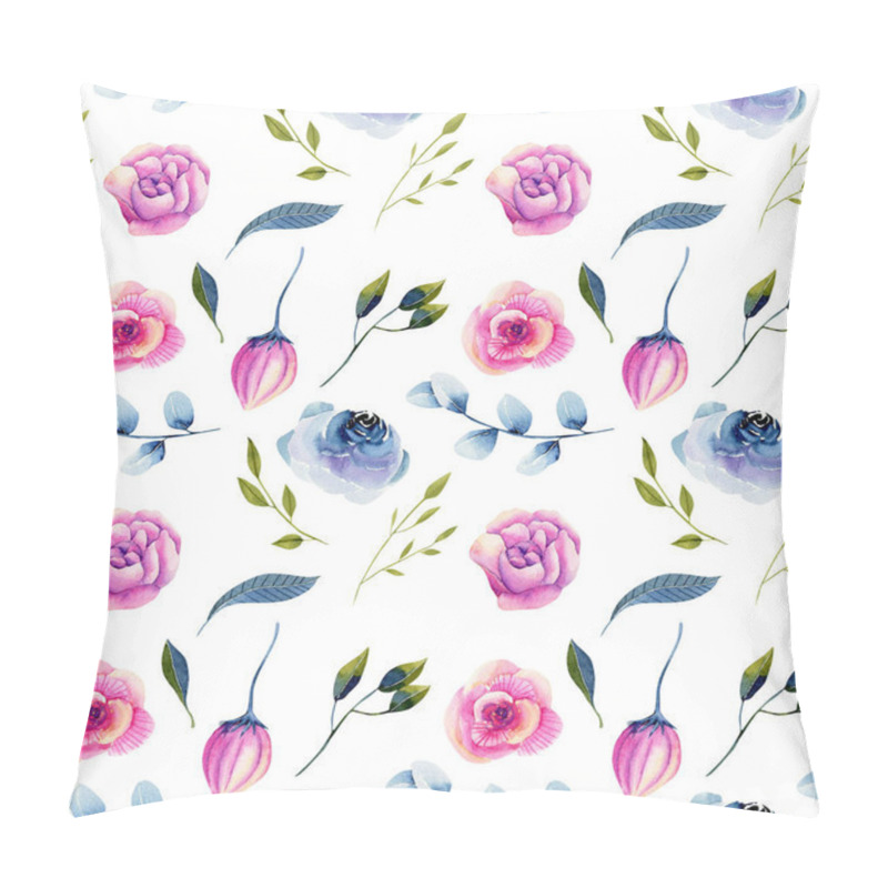 Personality  Watercolor Blue Roses And Pink Peonies Seamless Pattern, Hand Drawn On A White Background Pillow Covers