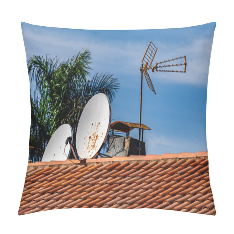 Personality  A Roof With Two Satellite Dishes And A Windmill On Top. The Windmill Is Yellow And The Dishes Are White. The Sky Is Blue And There Are Palm Trees In The Background Pillow Covers