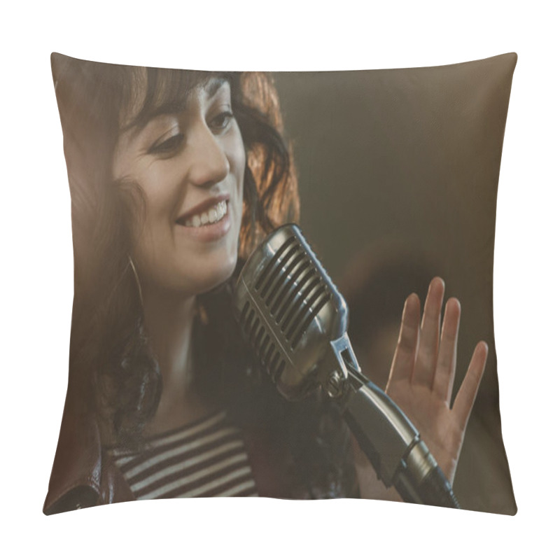 Personality  Attractive Young Female Singer Performing Song And Smiling Pillow Covers