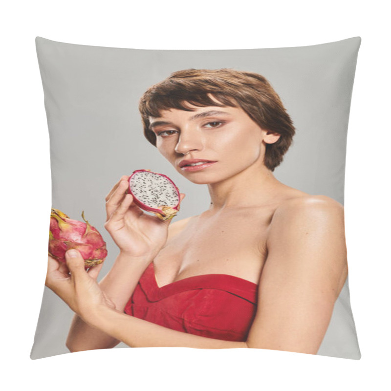 Personality  A Young Woman In A Red Dress Holding A Dragon Fruit, Surrounded By Vibrant Tropical Fruits. Pillow Covers