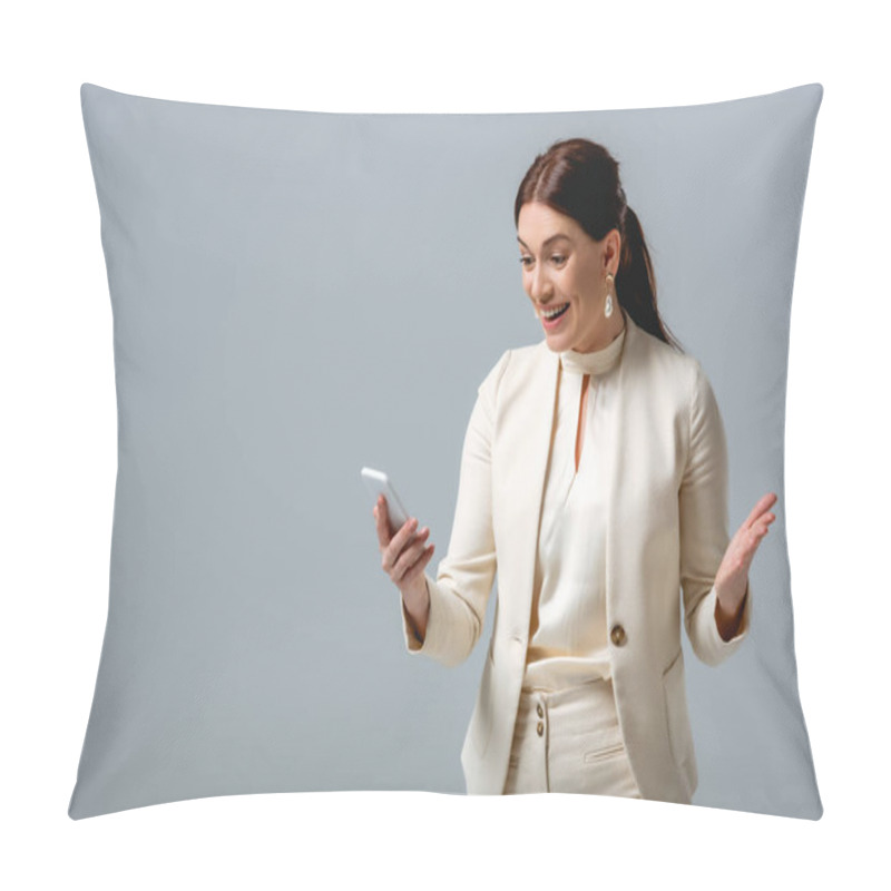 Personality  Happy Businesswoman Holding Smartphone Isolated On Grey, Concept Of Body Positive  Pillow Covers