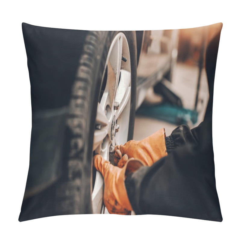 Personality  Close Up Of Auto Mechanic Changing Tire In Workshop. Pillow Covers