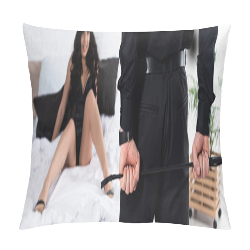 Personality  Sexy Policewoman In Peaked Cap On Bed Looking At Man With Flogging Whip, Panoramic Shot Pillow Covers