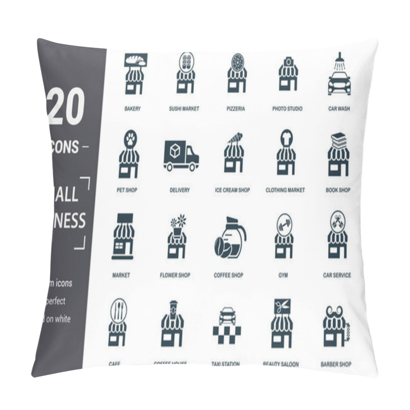 Personality  Small Business Icon Set. Contain Filled Flat Market, Taxi Station, Car Wash, Ice Cream Shop, Bakery, Book Shop, Barber Shop Icons. Editable Format Pillow Covers