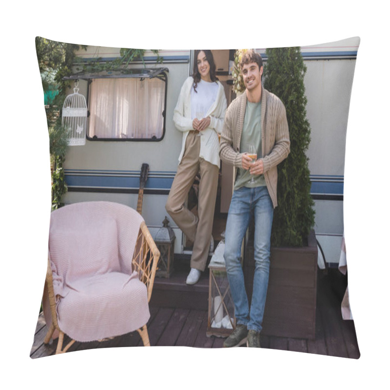 Personality  Smiling Couple In Cardigans Holding Glasses Of Wine Near Camper Van  Pillow Covers