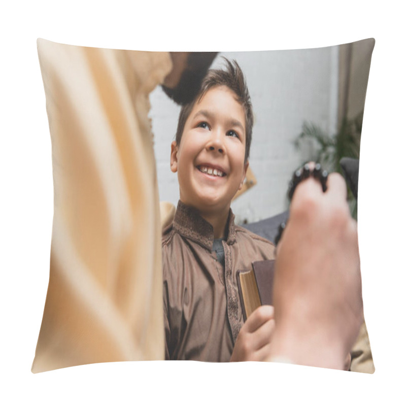 Personality  Blurred Muslim Dad With Prayer Beads Near Smiling Son Holding Book At Home  Pillow Covers