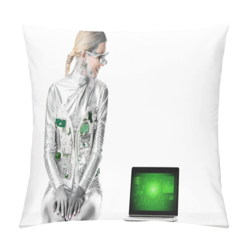 Personality  Smiling Silver Robot Sitting On Table And Looking At Laptop With Business Appliance Isolated On White, Future Technology Concept Pillow Covers