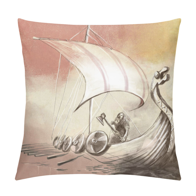 Personality  Viking Age. Drekar Ship And Warrior With The Axe Standing On Boat With Dragon Head. An Hand Painted Illustration. Pillow Covers