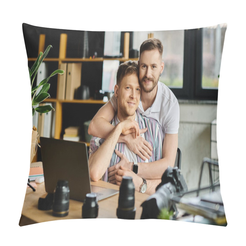 Personality  Two Men In Casual Attire, Happily Collaborating On A Laptop In An Office. Pillow Covers