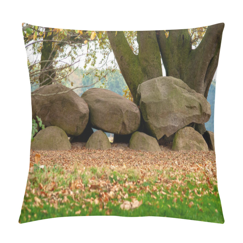 Personality  Dolmen In The Dutch Province Of Drenthe With A Background Of Oak Trees. A Dolmen Or In Dutch A Hunebed Is Construction Work From The New Stone Age. Pillow Covers