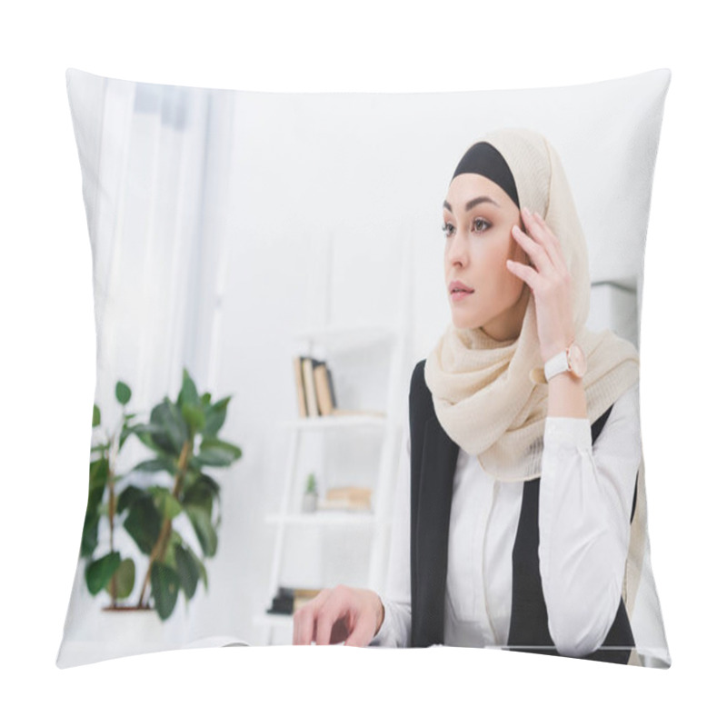 Personality  Pensive Arabic Businesswoman Sitting At Workplace In Office Pillow Covers