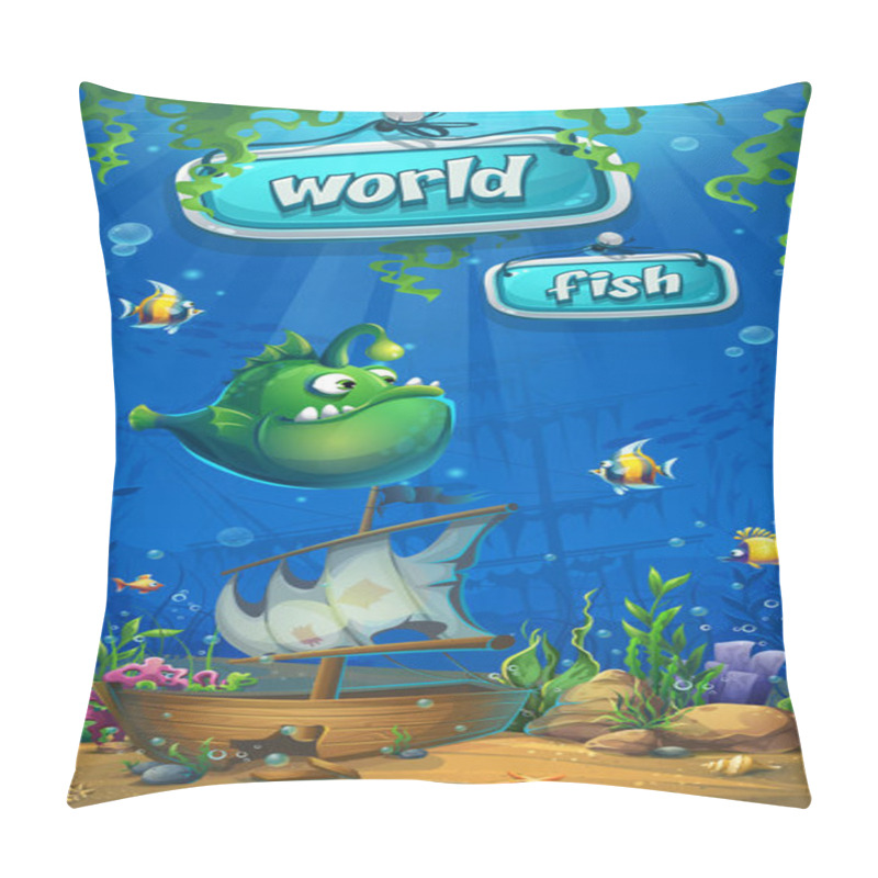 Personality  Undersea World With Ship Mobile Format. Marine Life Landscape - The Ocean And The Underwater World With Different Inhabitants. For Design Websites And Mobile Phones, Printing. Pillow Covers