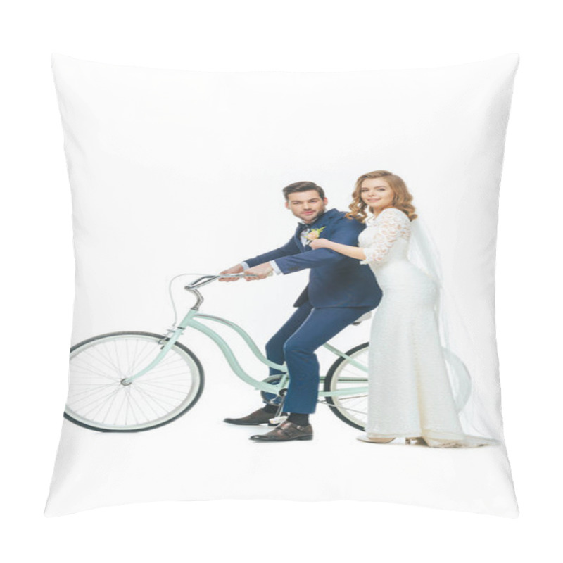 Personality  Wedding Couple Riding Retro Bicycle Isolated On White Pillow Covers