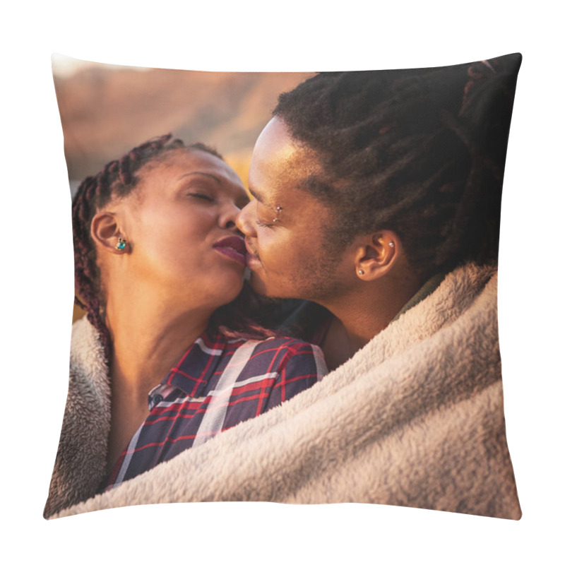 Personality  Close Up Mixed Race Couple Kissing Outdoors Under A Blanket Pillow Covers