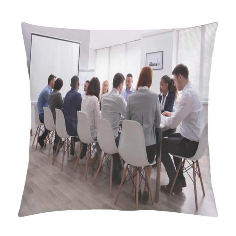 Personality  Group Of Multiethnic Diverse Busy Business People Sitting Together At Table In The Office Pillow Covers