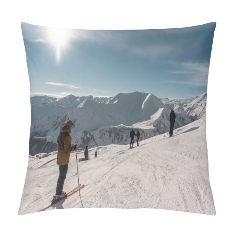 Personality  Skiers And Snowboarders Skiing In Alpine Snowy Hills Pillow Covers