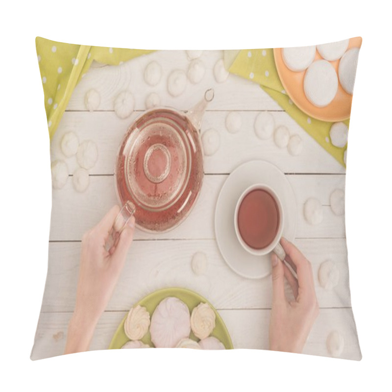 Personality  Woman With Tea And Marshmallows   Pillow Covers