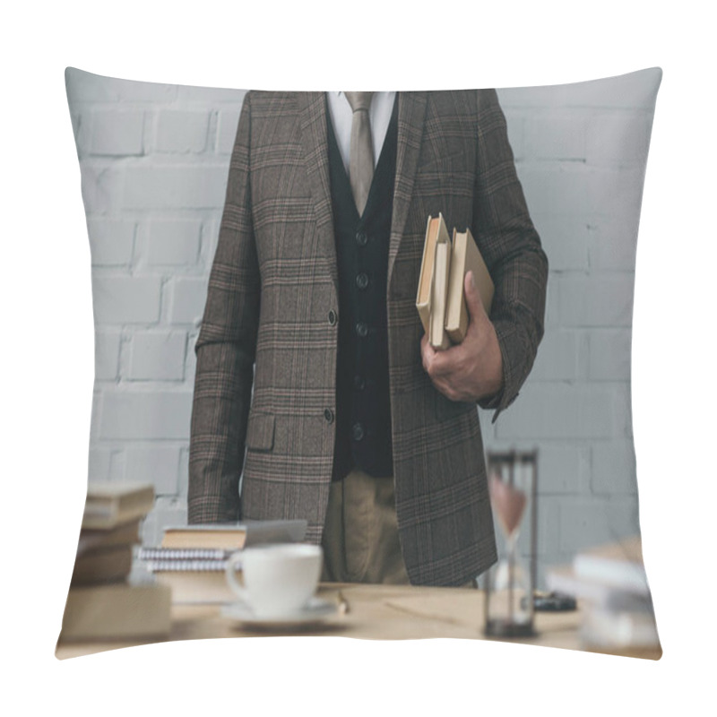 Personality  Cropped Shot Of Man In Tweed Costume Holding Stack Of Books Pillow Covers