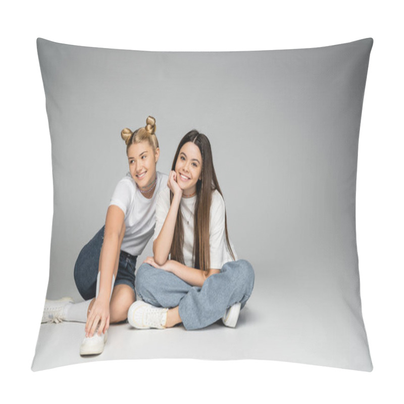 Personality  Cheerful And Teen Girlfriends In White T-shirts, Sneakers And Denim Shorts Smiling At Camera While Sitting Together And Posing On Grey Background, Lively Teenage Girls Concept, Friendship And Bonding Pillow Covers