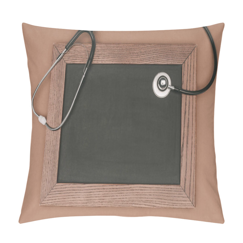 Personality  Top View Of Blank Chalkboard And Stethoscope Isolated On Beige Surface, World Health Day Concept Pillow Covers