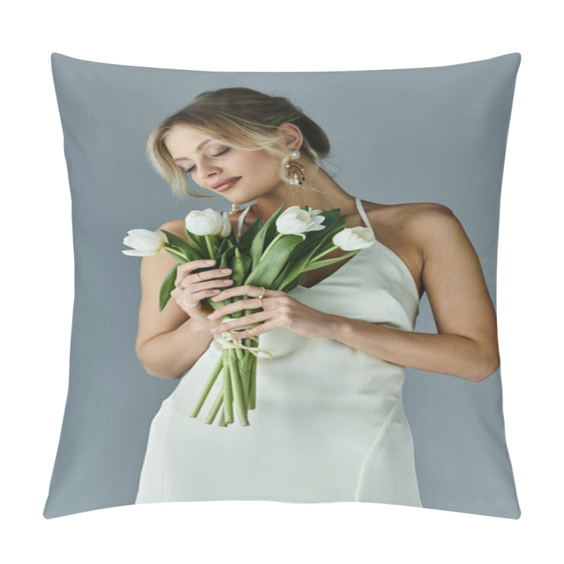 Personality  A Young Blonde Woman Exuding Elegance Holds A Bouquet Of Flowers In A White Dress Against A Grey Backdrop. Pillow Covers