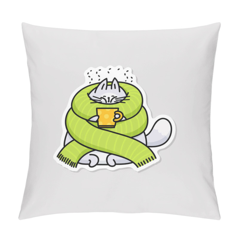 Personality  Cute Cartoon Cat Wrapped With Big Green Scarf Drinking Hot Beverage To Warm Up Pillow Covers