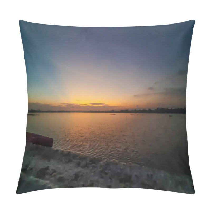 Personality  A Serene Sunset Over Calm Waters, With Subtle Waves And A Distant Shore, Evoking Tranquility And Natural Beauty. Pillow Covers