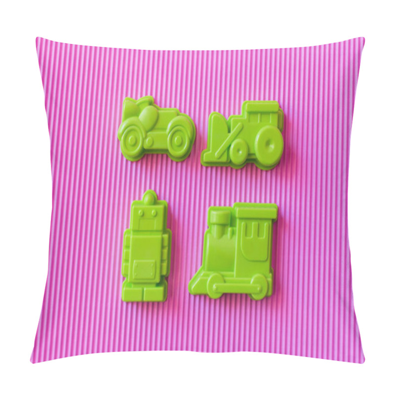 Personality  Top View Of Green Toy Robot Near Plastic Vehicles On Violet Textured Background Pillow Covers