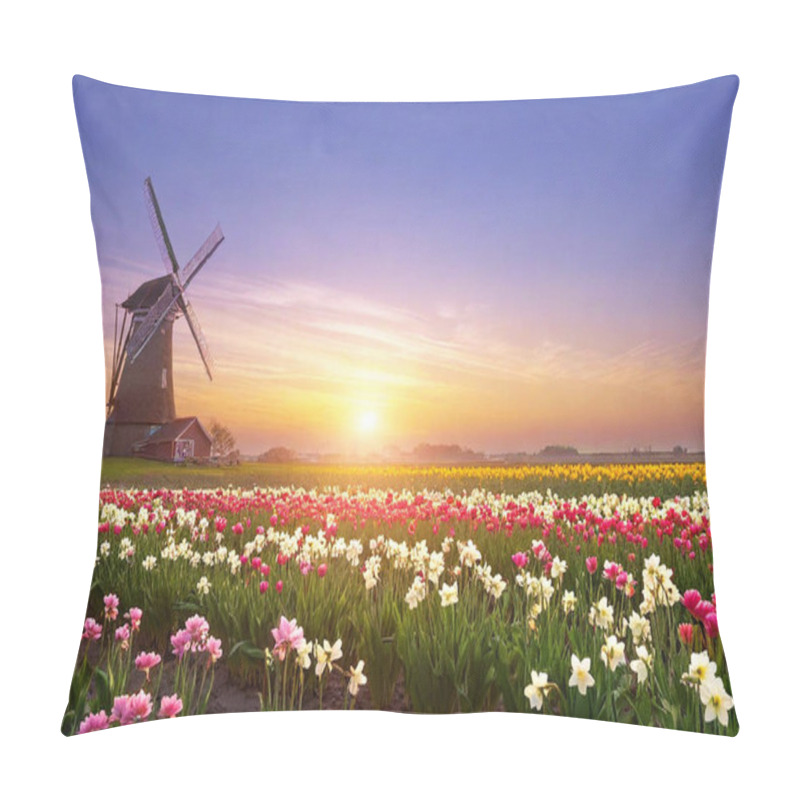 Personality  Kaleidoscope Of Daffodils And Tulips Sways In A Soft Breeze Under A Breathtaking Pastel Sunset. The Silhouette Of A Rustic Windmill Creates A Timeless Focal Point In The Tranquil Countryside. Pillow Covers