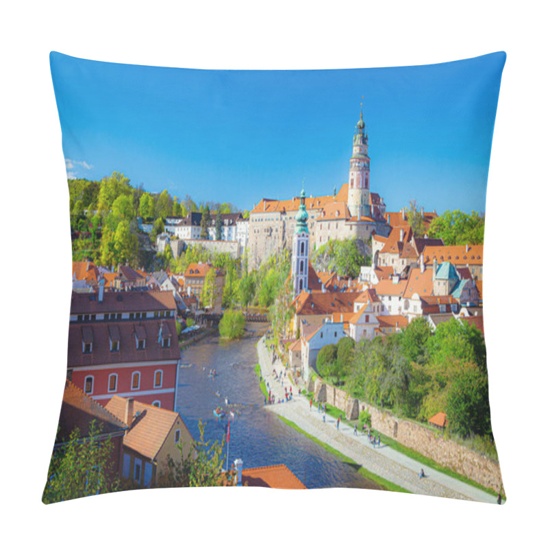 Personality  Scenic Panoramic View Of Historic City Center Of Cesky Krumlov With Famous Cesky Krumlov Castle And Idyllic Vltava River On A Beautiful Sunny Day With Blue Sky In Spring, South Bohemia, Czech Republic Pillow Covers