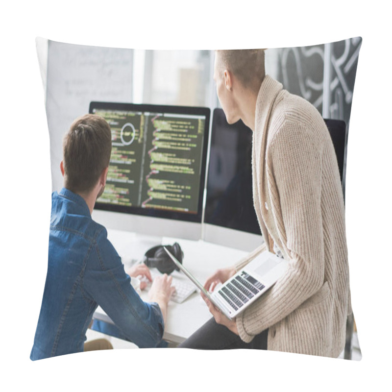 Personality  Back View Portrait Of Two Contemporary Web Developers Writing Code For Program Using Computers In Modern Office, Copy Space Pillow Covers