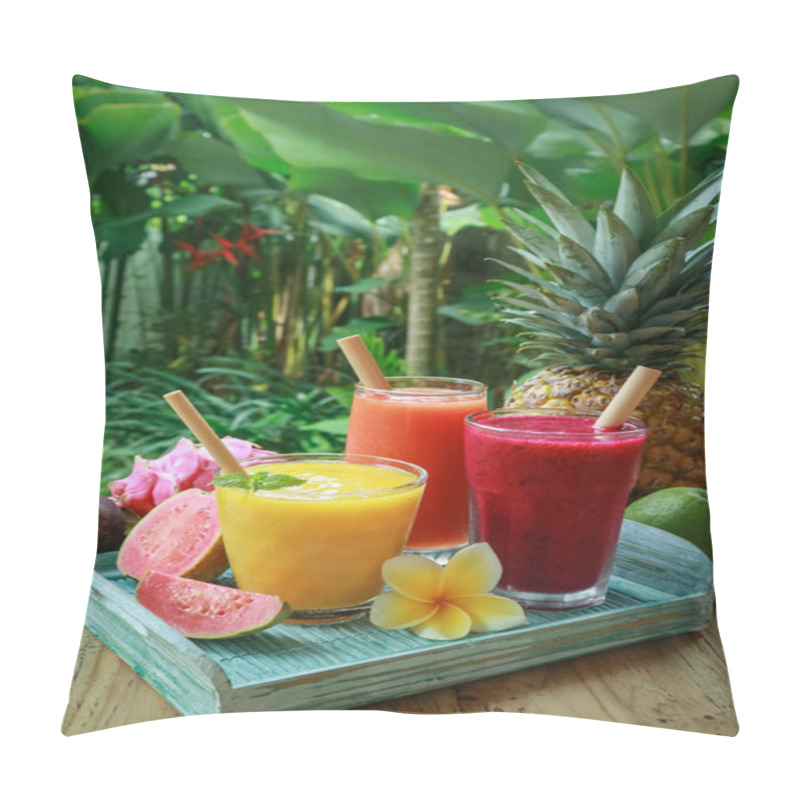 Personality  Dragon Fruit, Papaya And Mango Smoothies In Glasses With Bamboo Drinking Straws And Fresh Tropical Fruits  Outdoor Pillow Covers