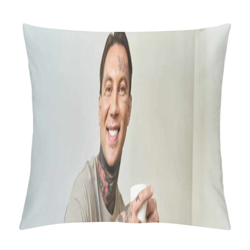 Personality  In A Calm Room, A Young Man Smiles With A Warm Drink, Proudly Displaying His Tattoos. Pillow Covers