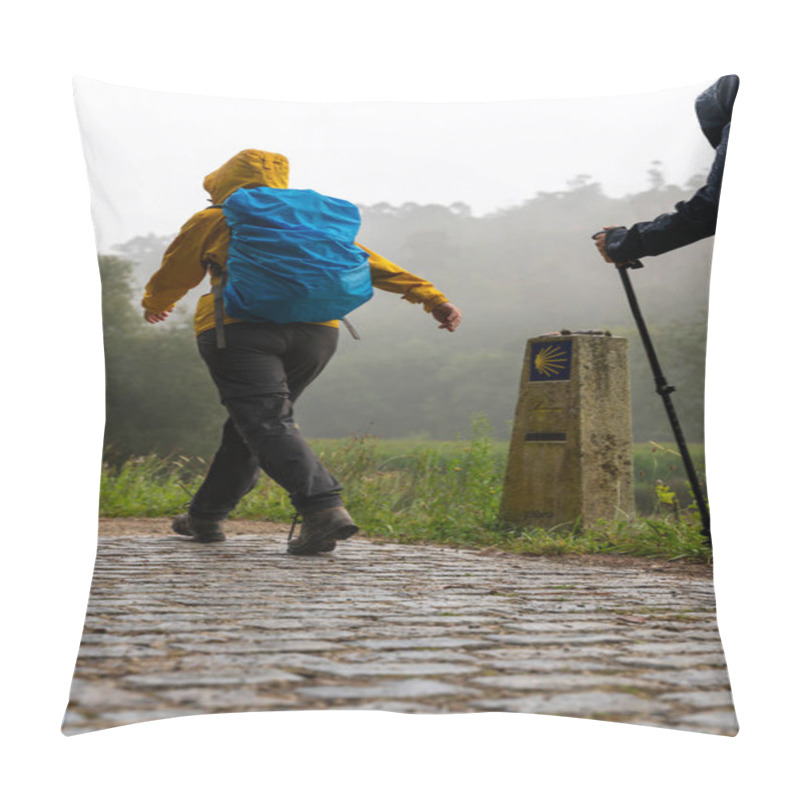 Personality  Pilgrims Walking On The Way To St James (Santiago) On A Foggy Day In Galici Pillow Covers